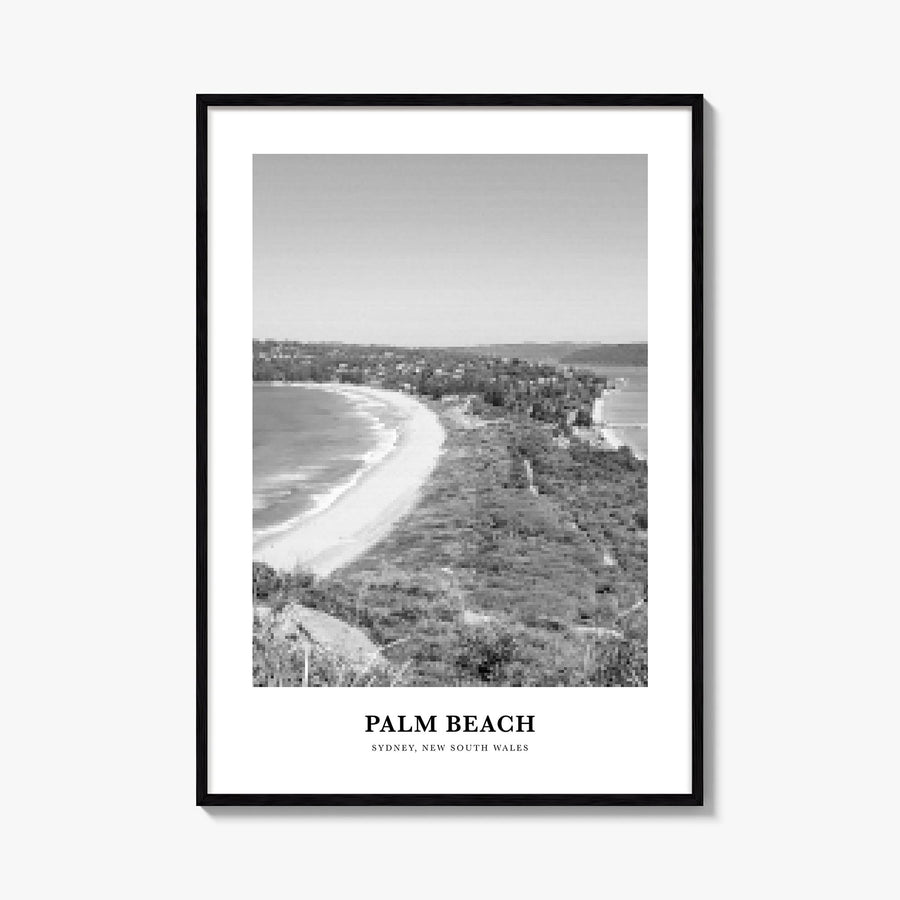Palm Beach, New South Wales black & white classic poster of Australia – vertical wall art, unframed print shown in interior m