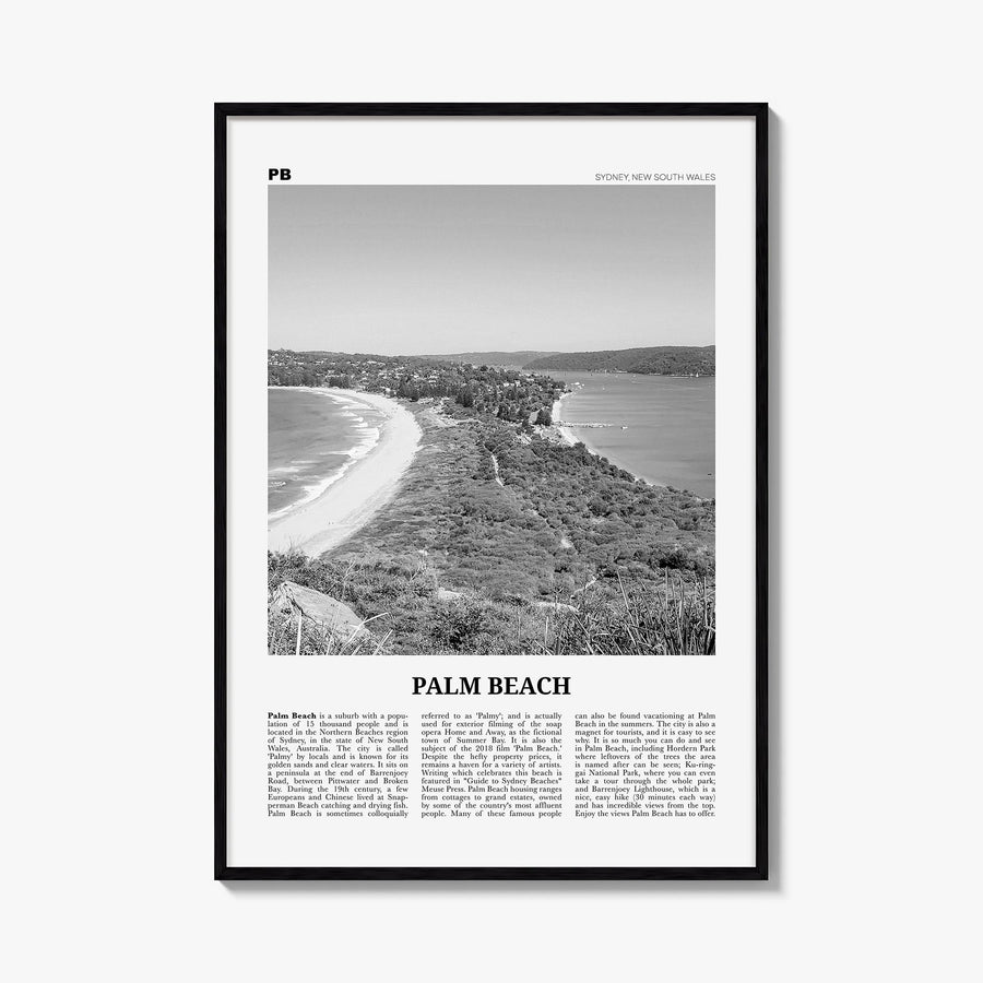 Palm Beach, New South Wales black & white newspaper poster of Australia – vertical wall art, unframed print shown in interior