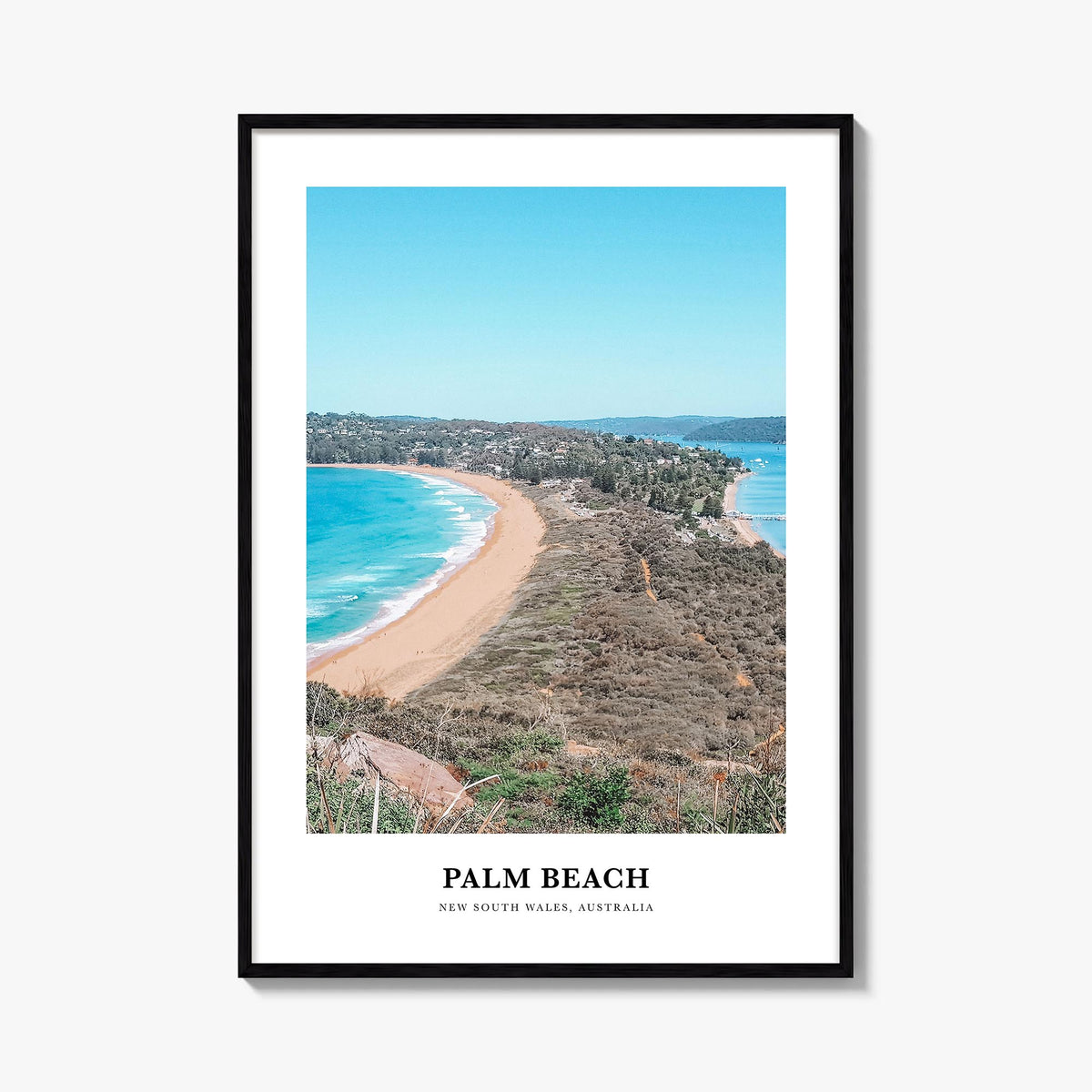 Palm Beach, New South Wales colorful classic poster of Australia – vertical wall art, unframed print shown in interior mockup
