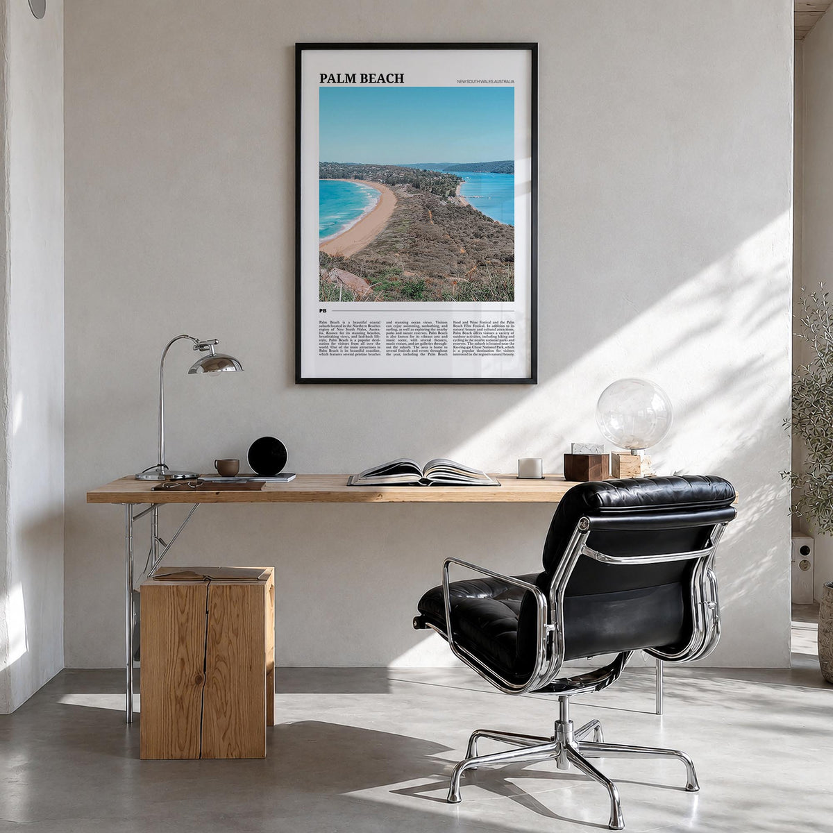 Palm Beach, New South Wales colorful travel poster of Australia – vertical wall art in black wood frame, hanging on wall