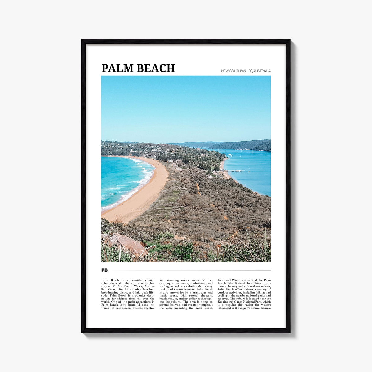 Palm Beach, New South Wales colorful travel poster of Australia – vertical wall art, unframed print shown in interior mockup