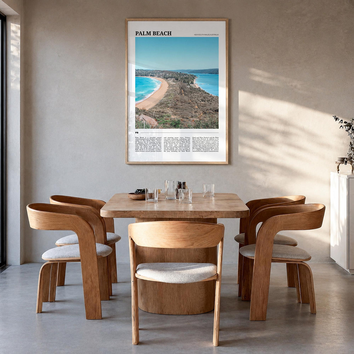 Palm Beach, New South Wales colorful travel poster of Australia – vertical wall art in natural wood frame, hanging on wall