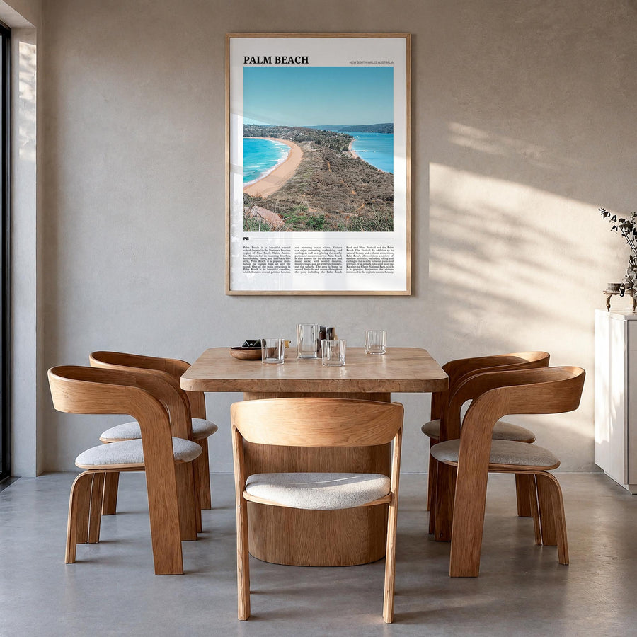 Palm Beach, New South Wales colorful travel poster of Australia – vertical wall art in natural wood frame, hanging on wall