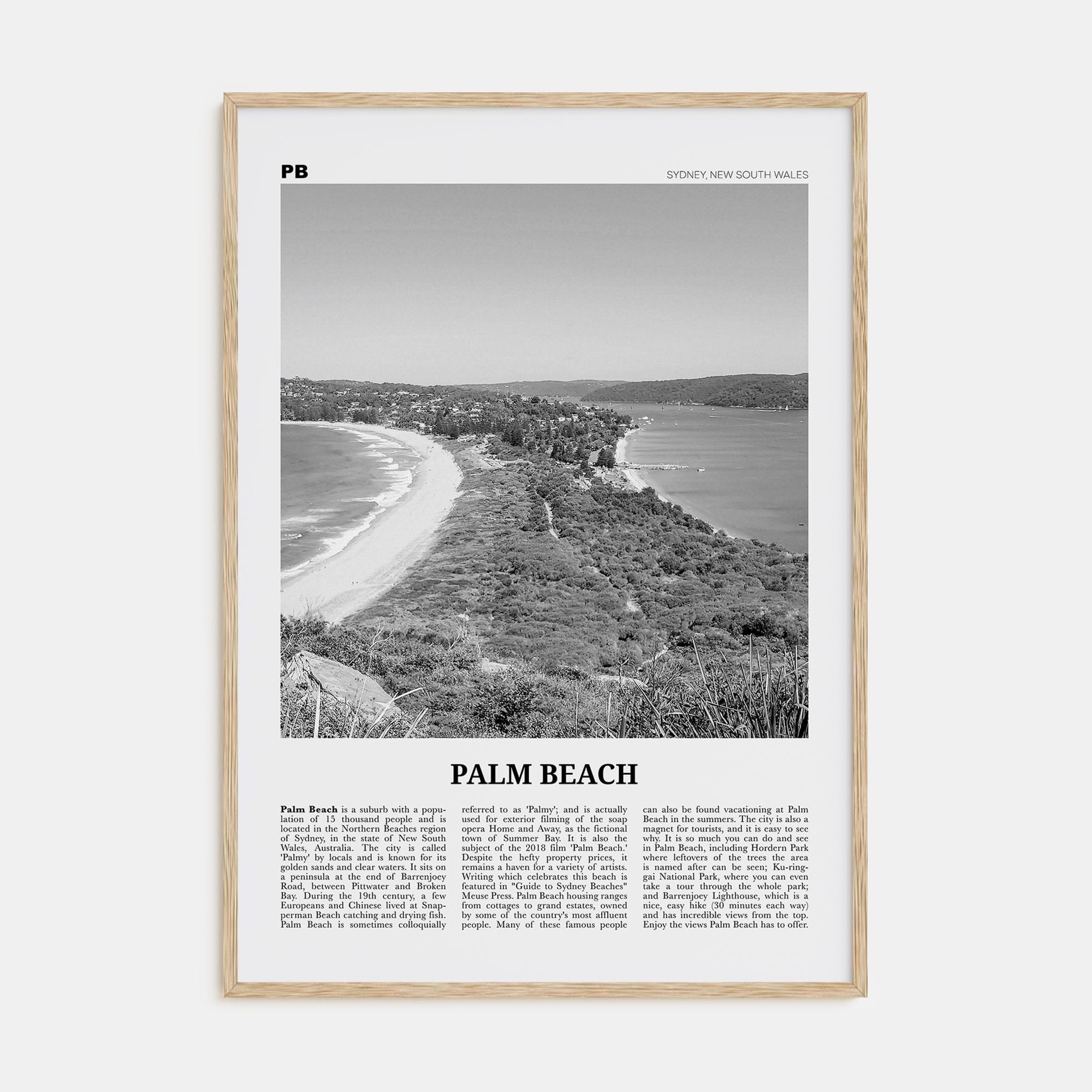 Palm Beach, New South Wales Poster Natural Wood / 8x12 in Nbourhood Travel B&W Poster