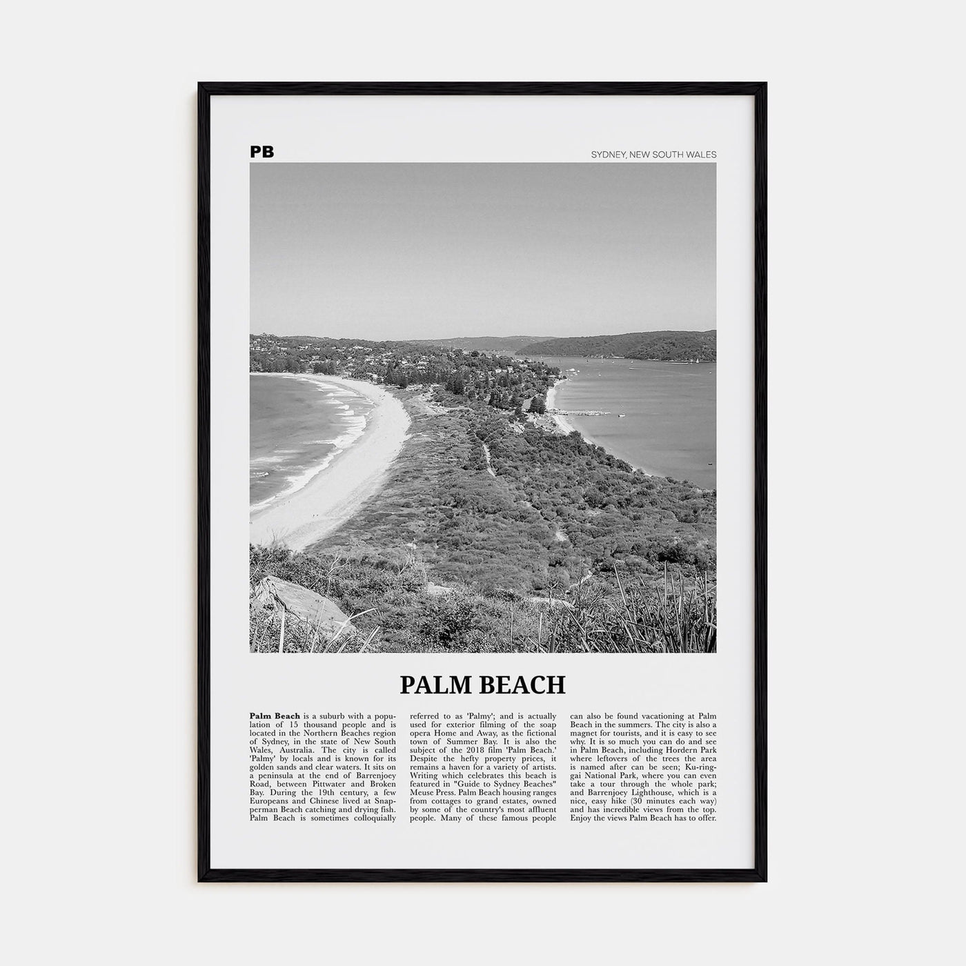 Palm Beach, New South Wales Poster Black Wood / 8x12 in Nbourhood Travel B&W Poster