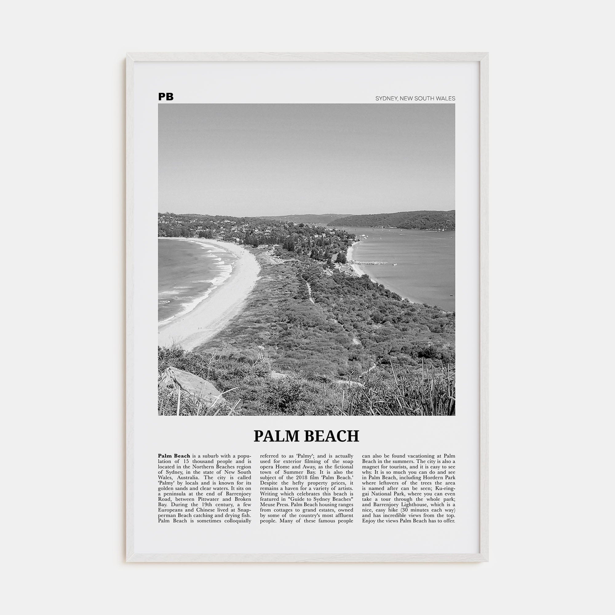 Palm Beach, New South Wales Poster White Wood / 8x12 in Nbourhood Travel B&W Poster