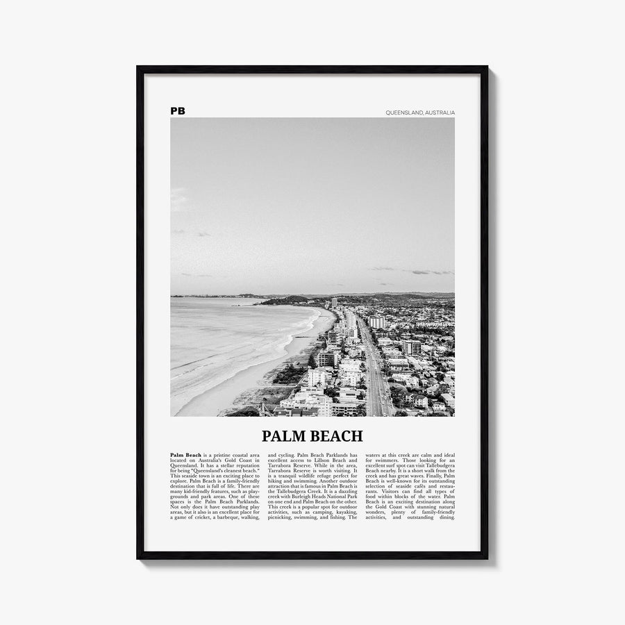 Palm Beach, Queensland black & white newspaper poster of Australia – vertical wall art, unframed print shown in interior mock