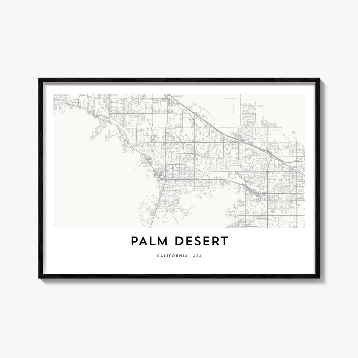 Palm Desert black & white map poster of California, USA – horizontal wall art, unframed print shown in interior mockup