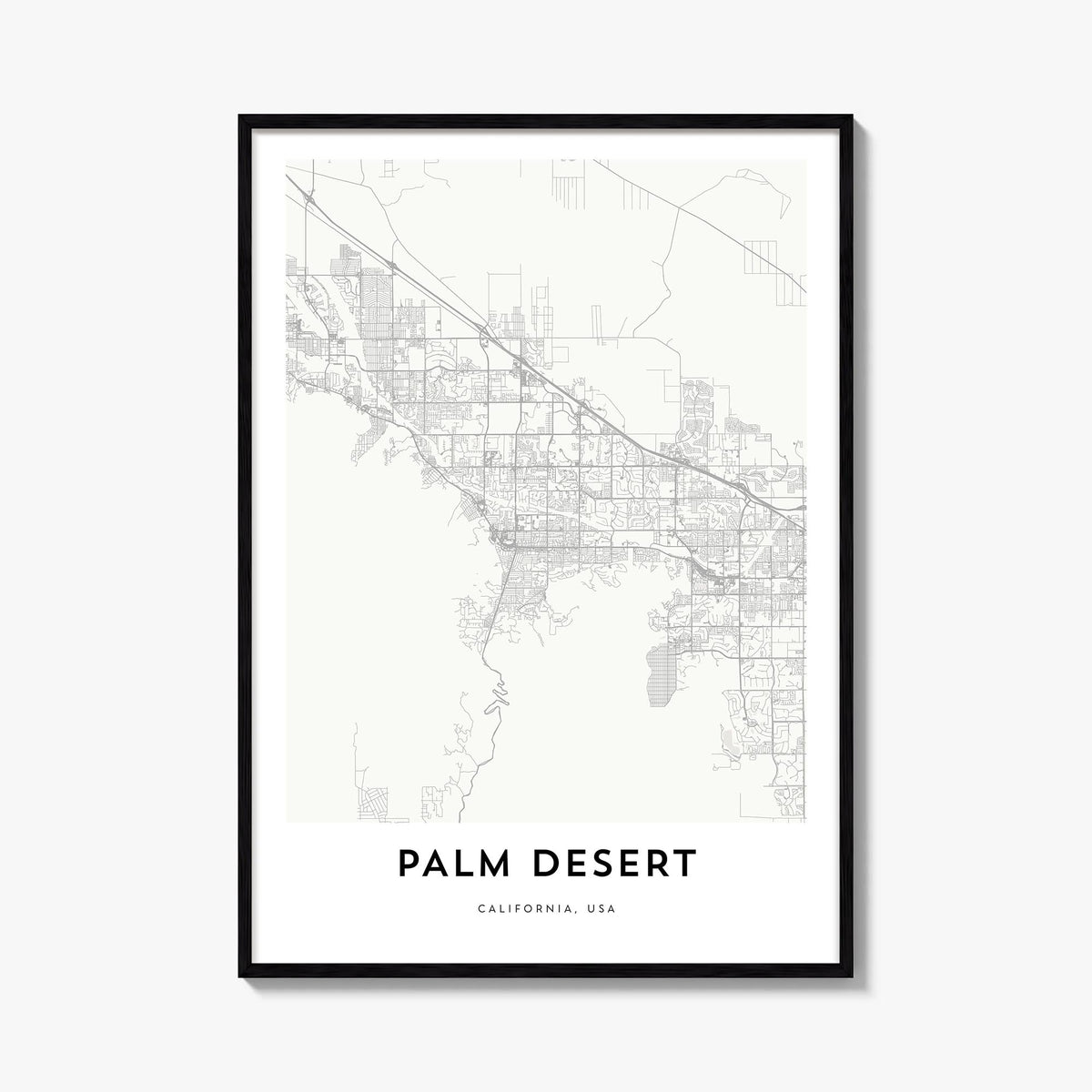 Palm Desert black & white map poster of California, USA – vertical wall art, unframed print shown in interior mockup