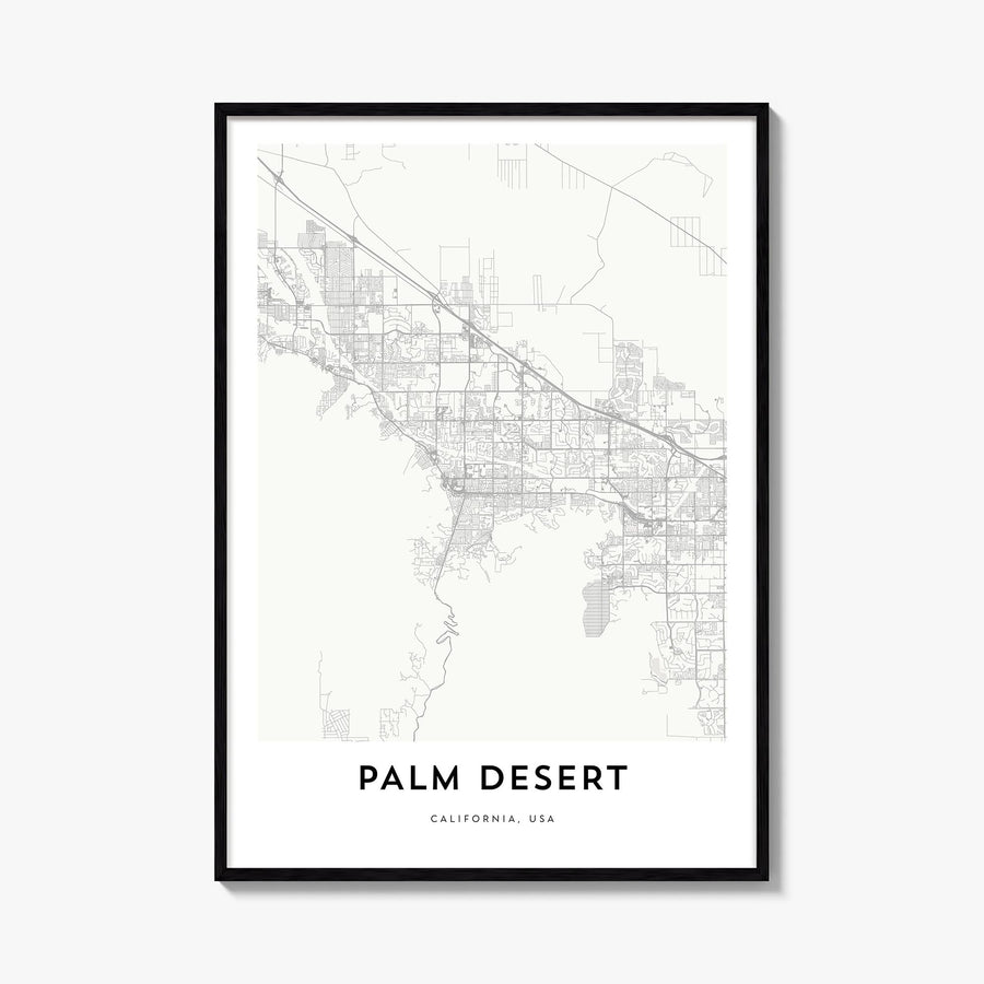 Palm Desert black & white map poster of California, USA – vertical wall art, unframed print shown in interior mockup