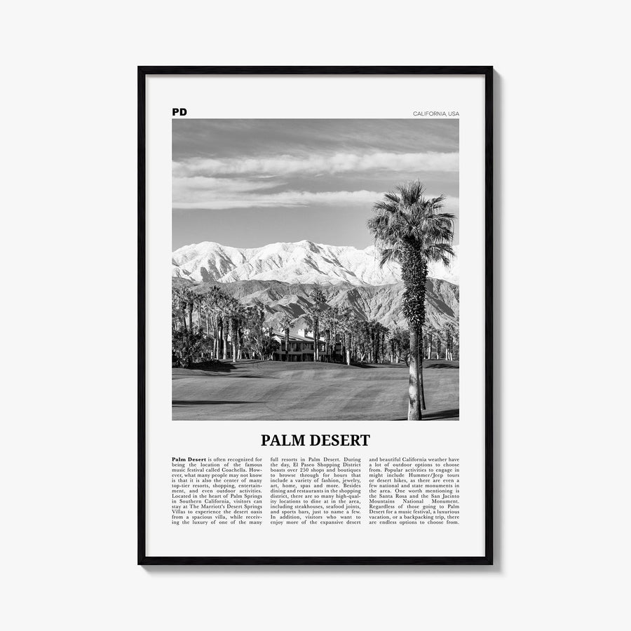 Palm Desert black & white newspaper poster of California, USA – vertical wall art, unframed print shown in interior mockup