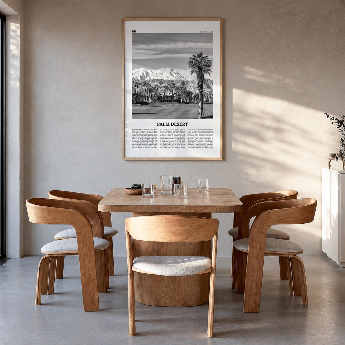 Palm Desert black & white newspaper poster of California, USA – vertical wall art in natural wood frame, hanging on wall
