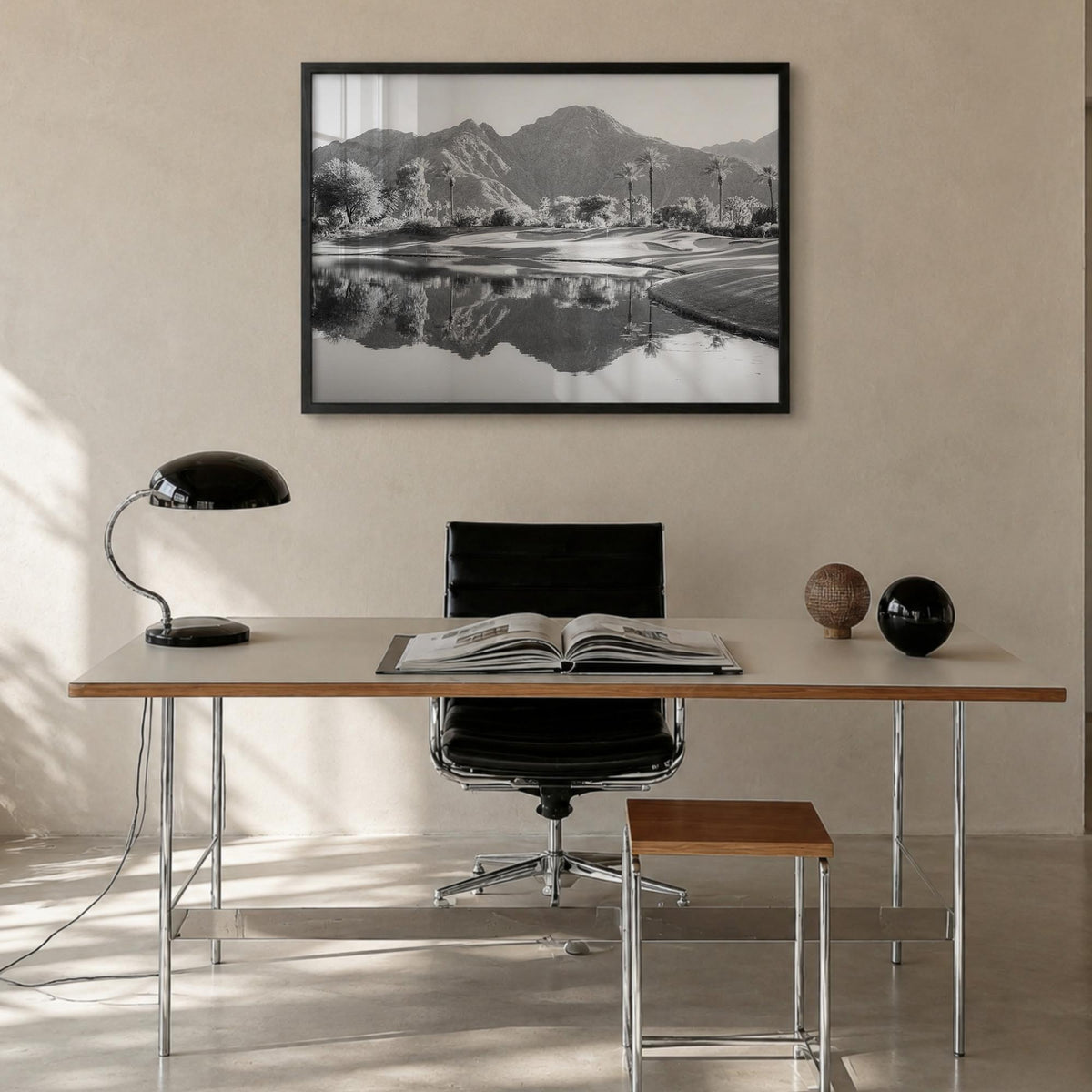 Palm Desert black & white photo poster of California, USA – horizontal wall art in black wood frame, hanging on wall