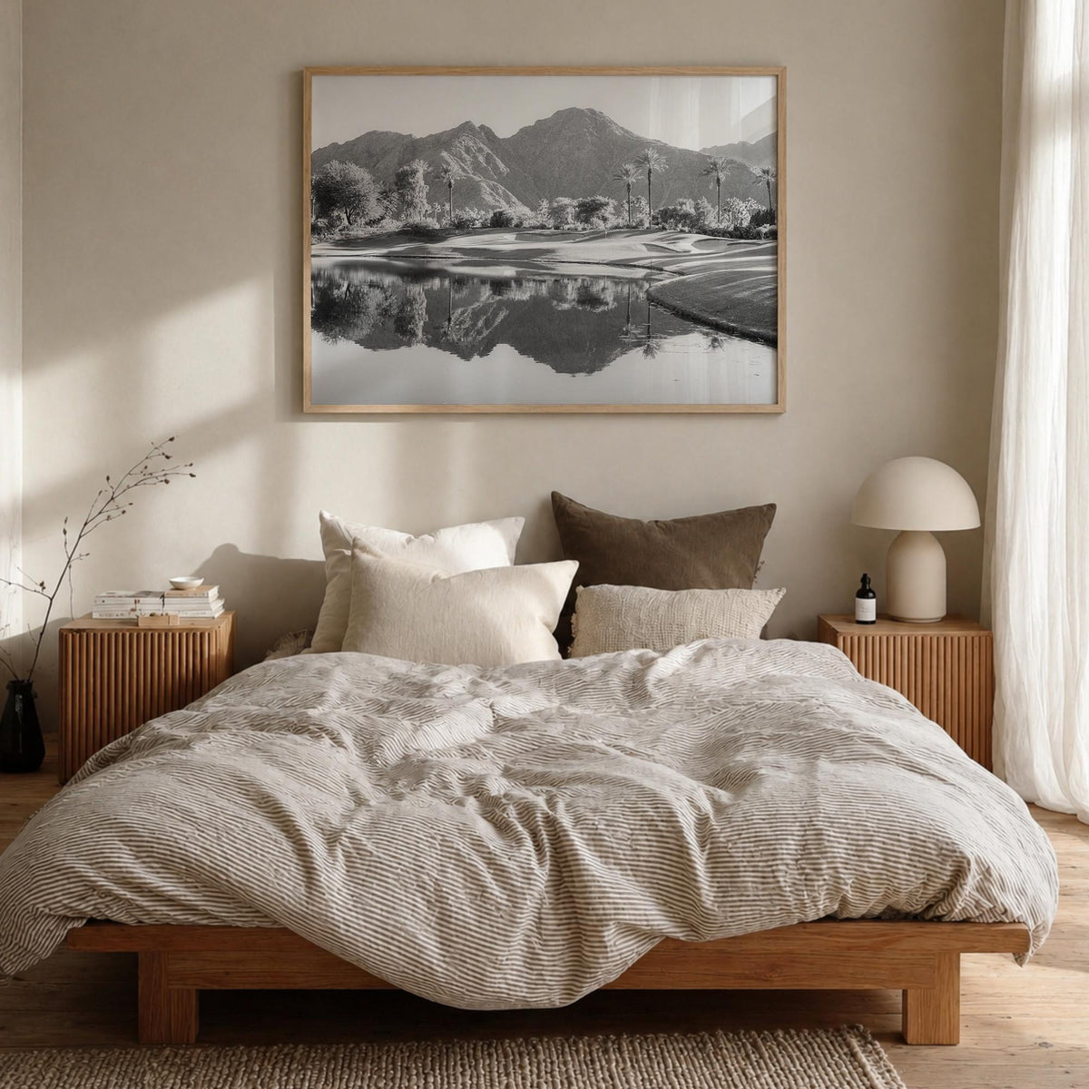 Palm Desert black & white photo poster of California, USA – horizontal wall art in natural wood frame, hanging on wall