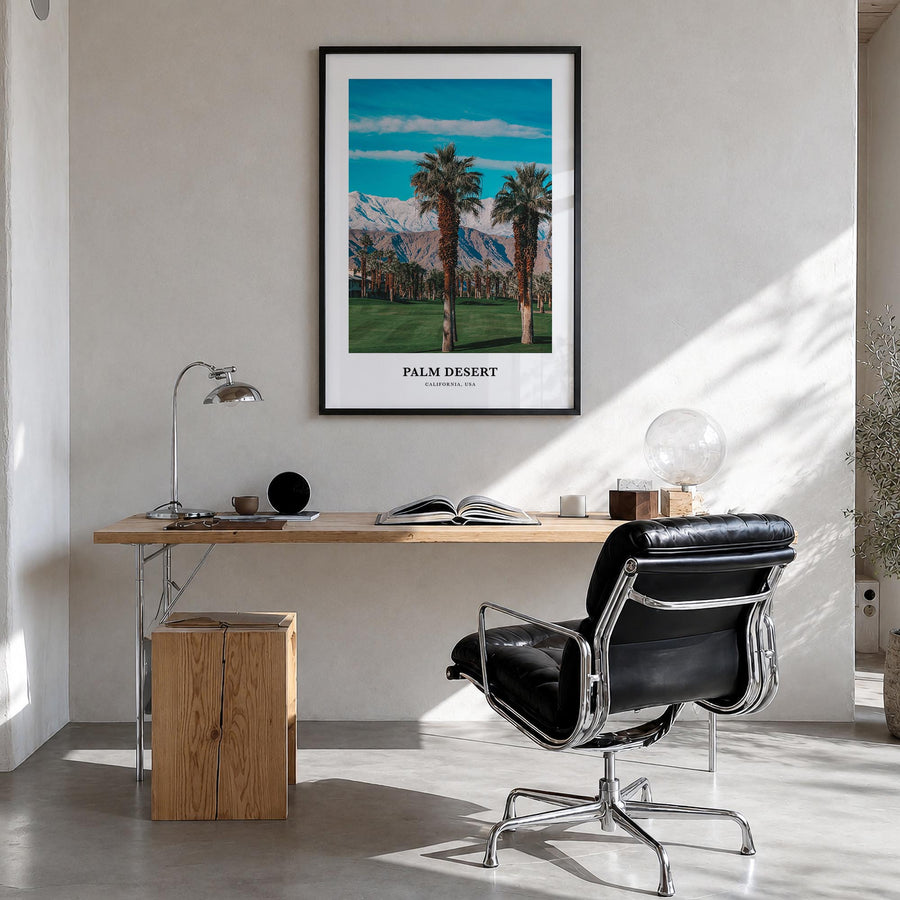 Palm Desert colorful classic poster of California, USA – vertical wall art in black wood frame, hanging on wall
