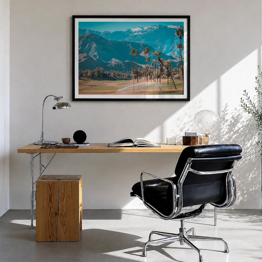 Palm Desert colorful photo poster of California, USA – horizontal wall art in black wood frame with white border, hanging on 