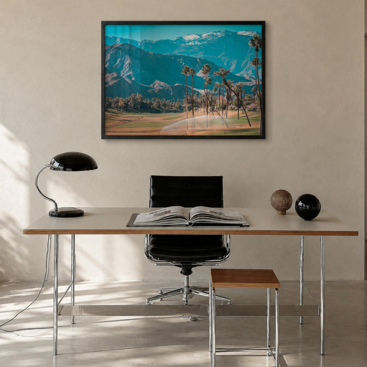 Palm Desert colorful photo poster of California, USA – horizontal wall art in black wood frame, hanging on wall