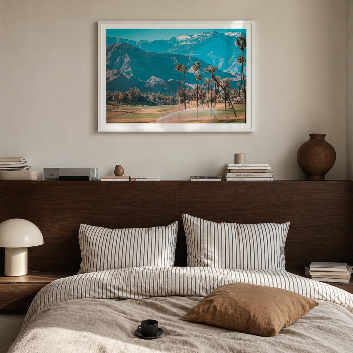 Palm Desert colorful photo poster of California, USA – horizontal wall art in white wood frame with white border, hanging on 
