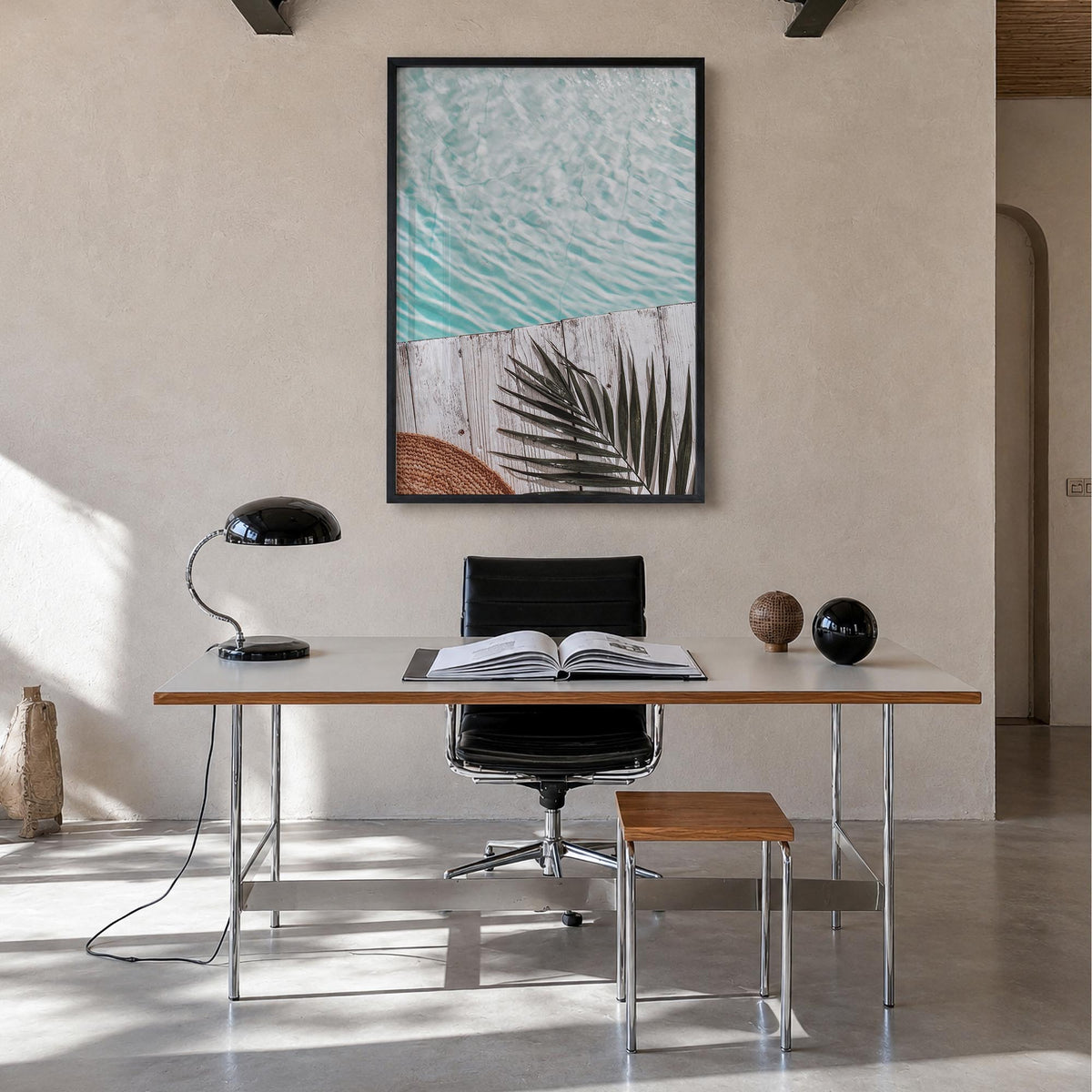 Palm Leaf Pool colorful photo poster – vertical wall art in black wood frame, hanging on wall