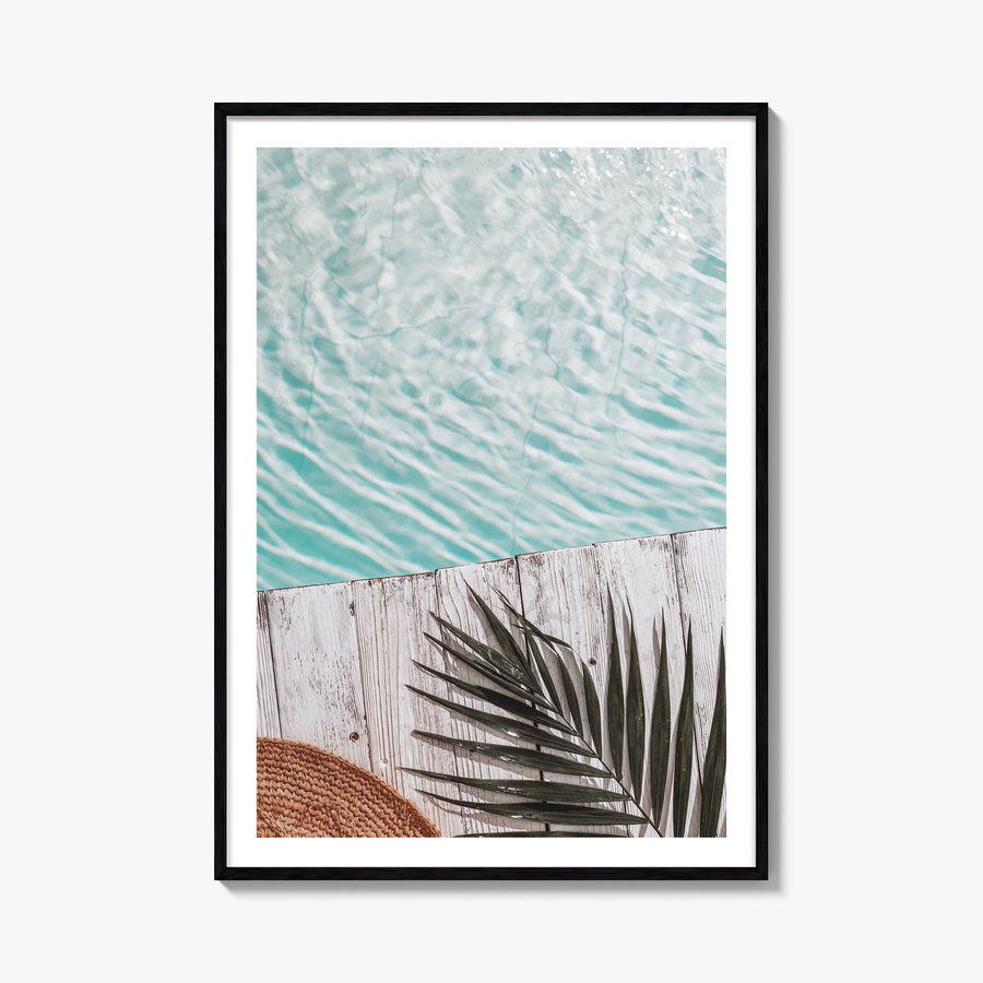 Palm Leaf Pool colorful photo poster – vertical wall art, unframed print shown in interior mockup
