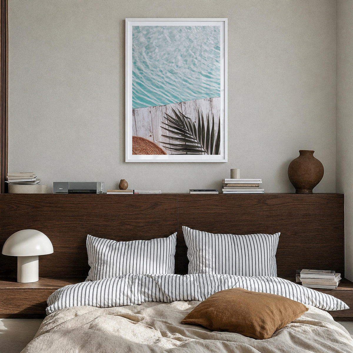 Palm Leaf Pool colorful photo poster – vertical wall art in white wood frame with white border, hanging on wall