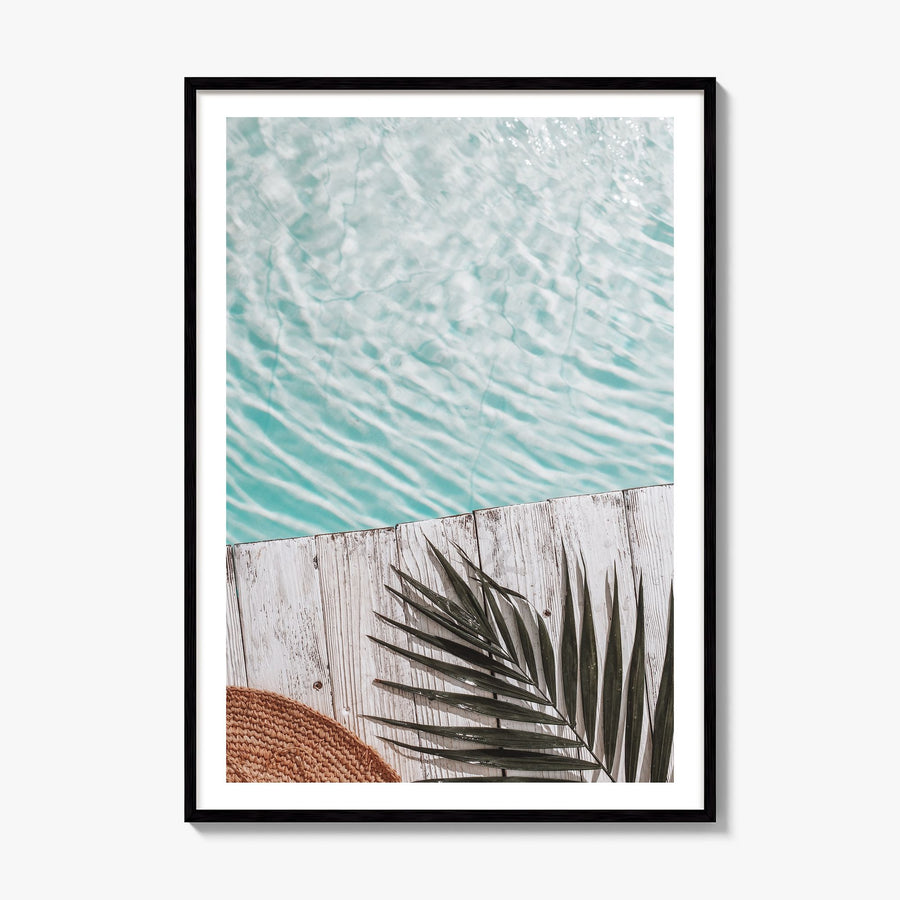 Palm Leaf Pool Photo Poster, framed poster mockup, white border