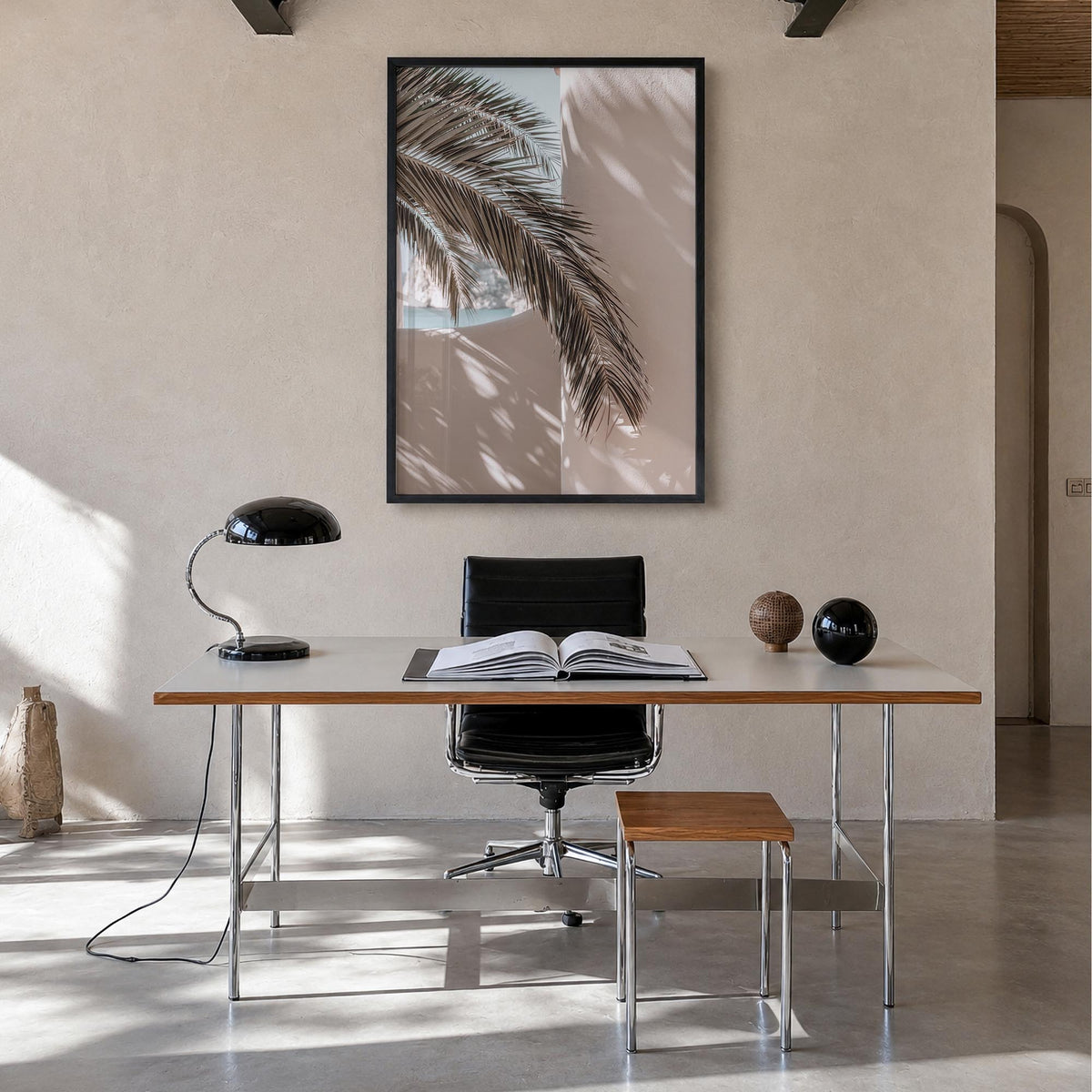 Palm Leaf Shadow colorful photo poster – vertical wall art in black wood frame, hanging on wall
