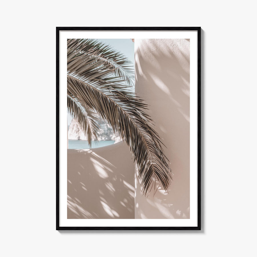 Palm Leaf Shadow colorful photo poster – vertical wall art, unframed print shown in interior mockup
