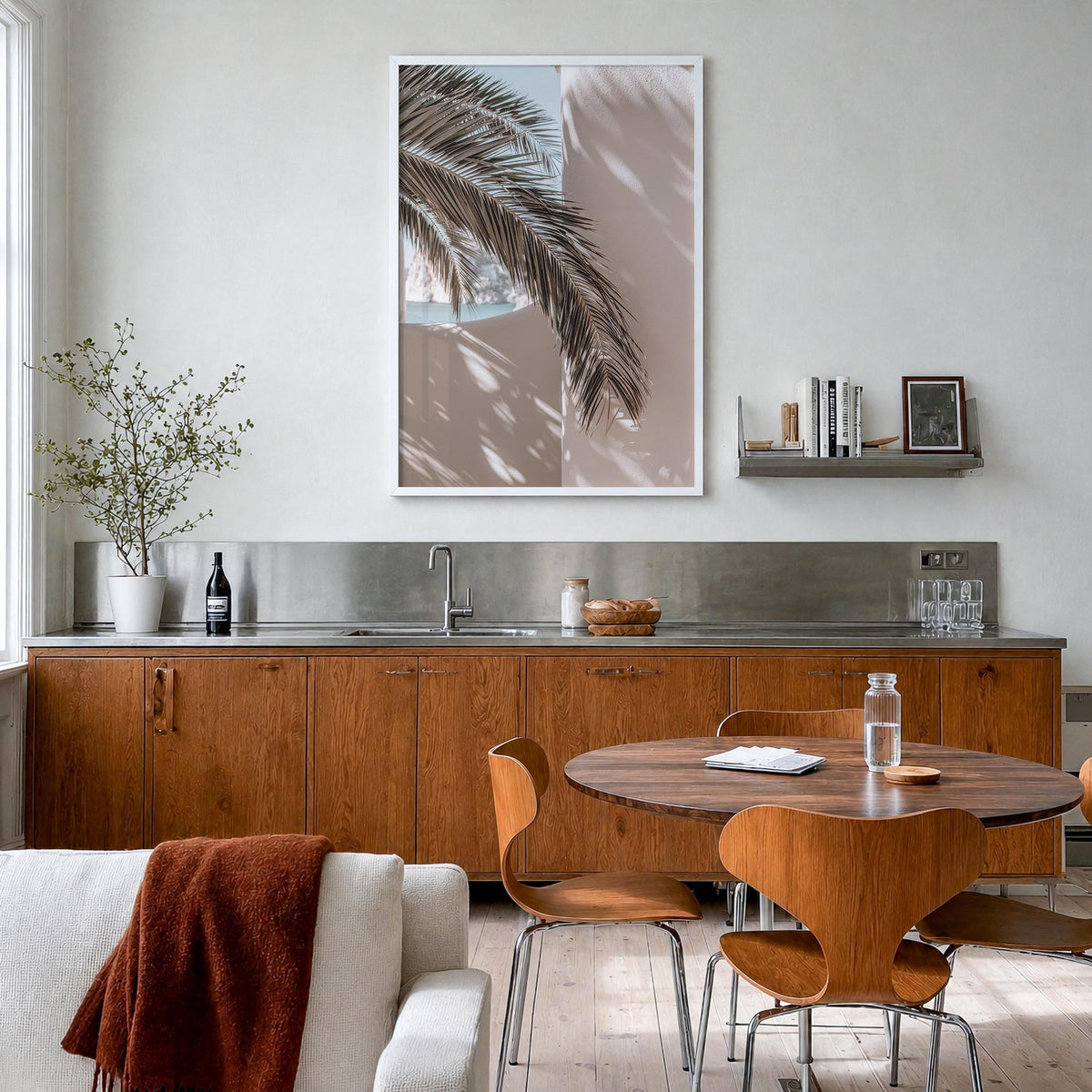 Palm Leaf Shadow colorful photo poster – vertical wall art in white wood frame, hanging on wall