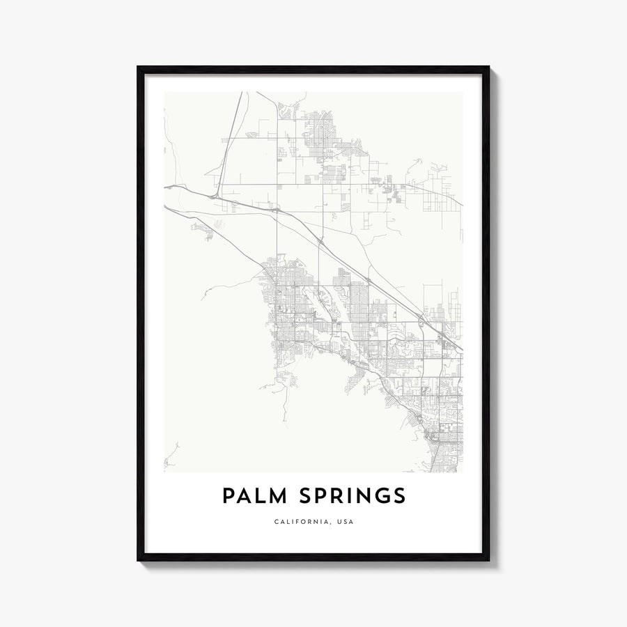 Palm Springs black & white map poster of California, USA – vertical wall art, unframed print shown in interior mockup