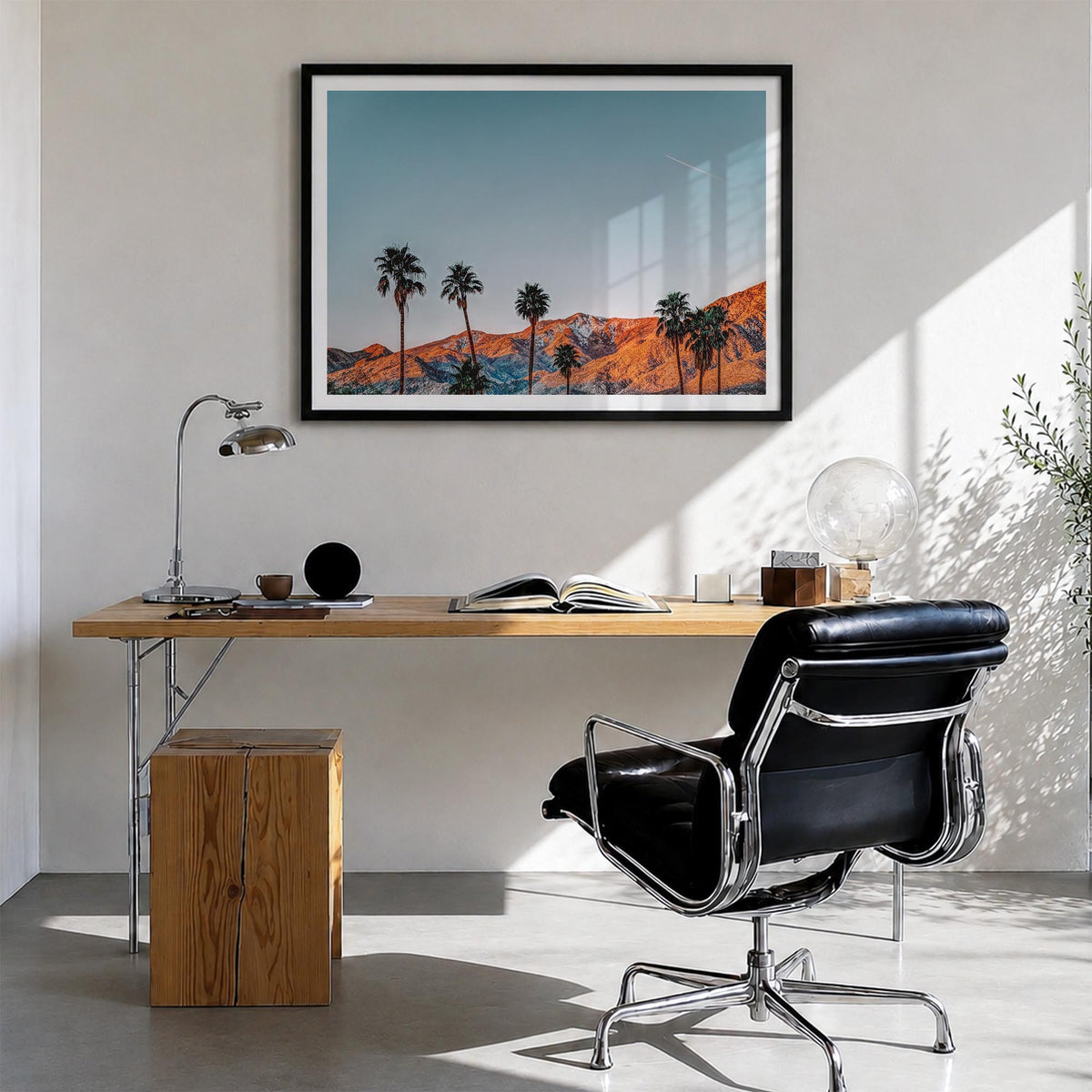 Palm Springs colorful photo poster of California, USA – horizontal wall art in black wood frame with white border, hanging on