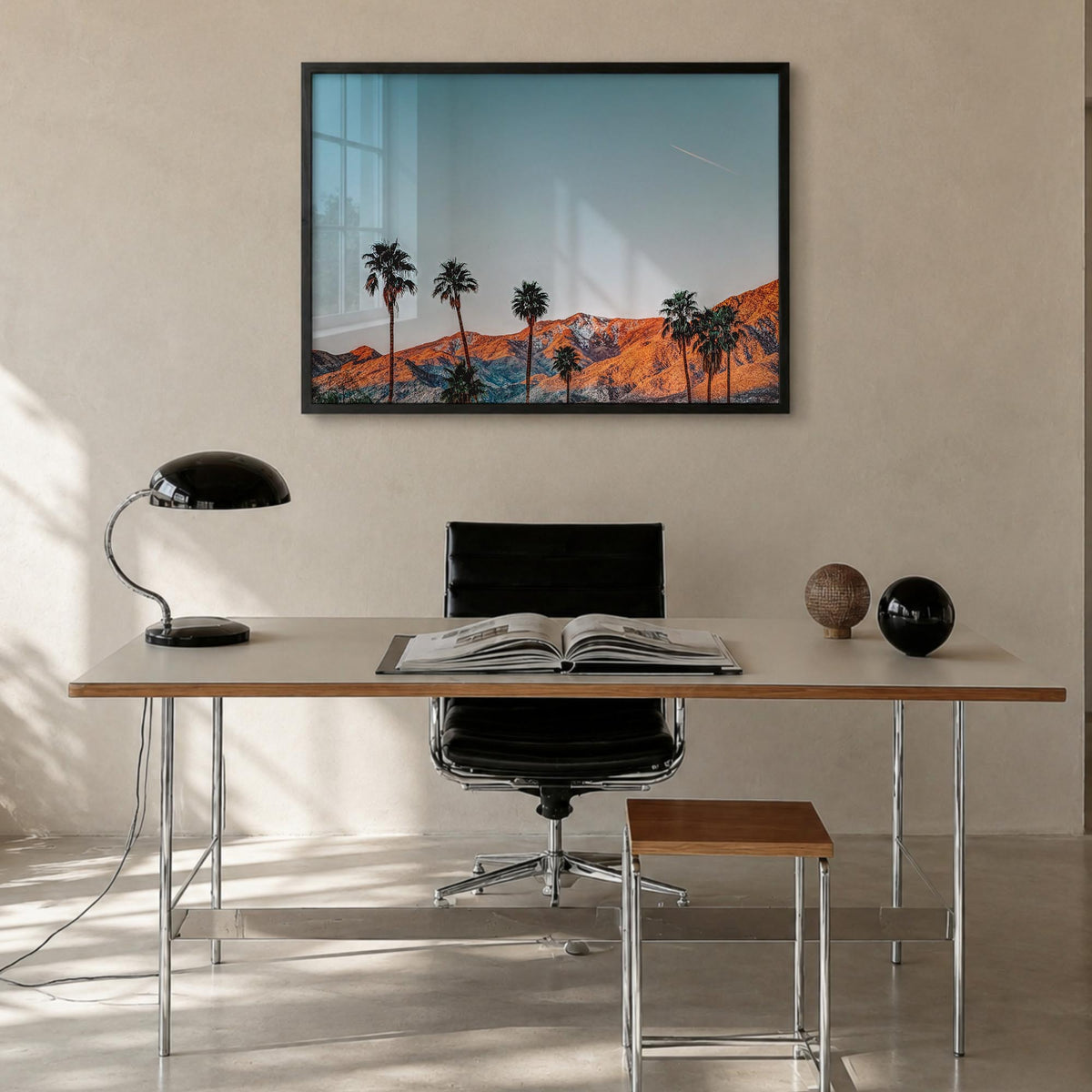 Palm Springs colorful photo poster of California, USA – horizontal wall art in black wood frame, hanging on wall