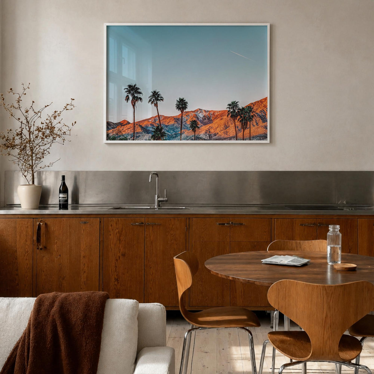 Palm Springs colorful photo poster of California, USA – horizontal wall art in white wood frame, hanging on wall