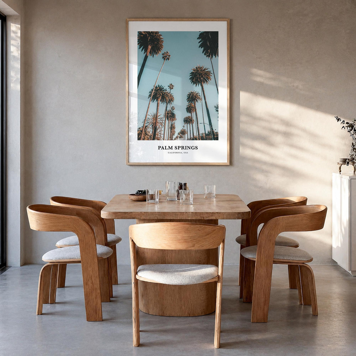 Palm Springs no. 1 colorful classic poster of California, USA – vertical wall art in natural wood frame, hanging on wall