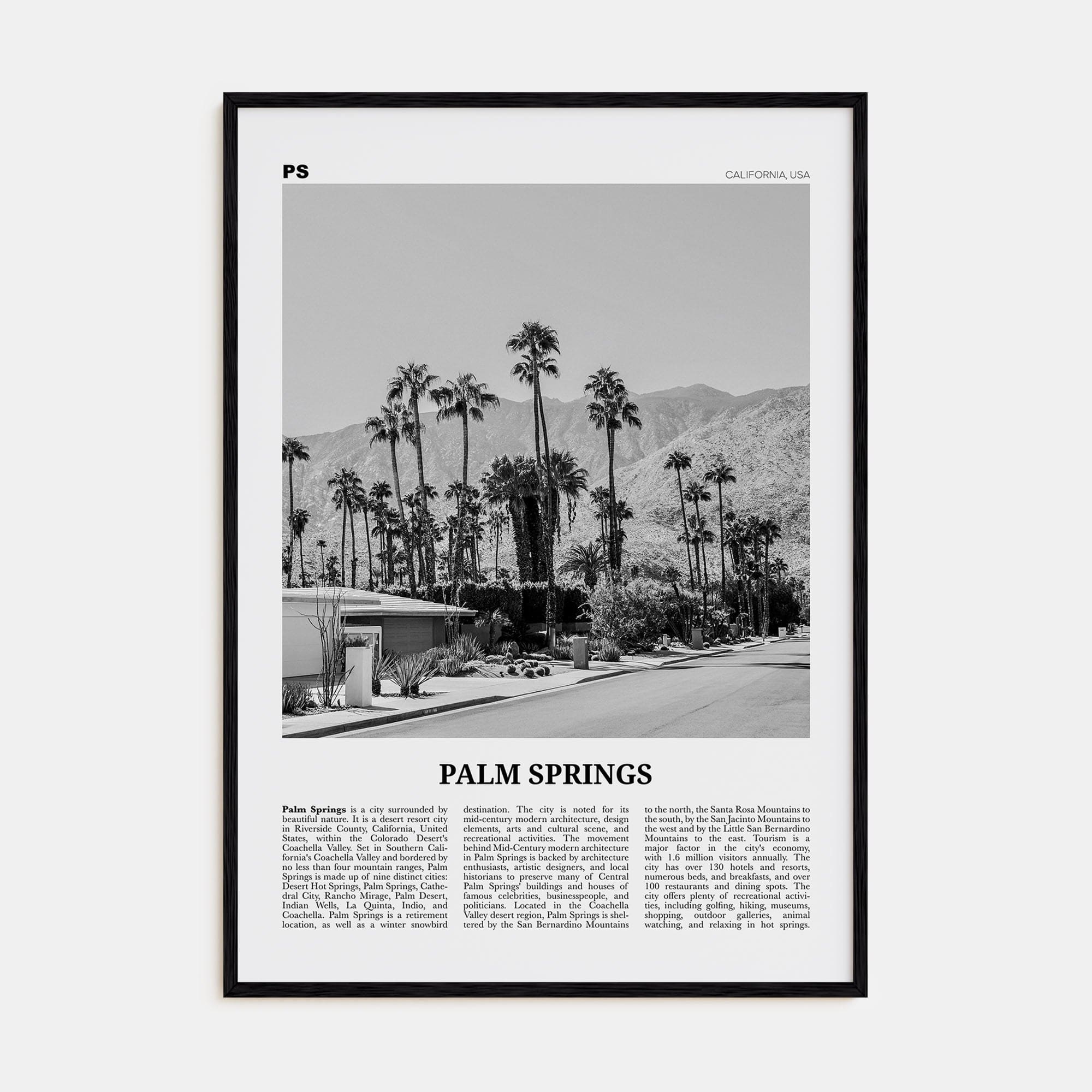 Palm Springs No 1 Poster Black Wood / 8x12 in Nbourhood Travel B&W Poster