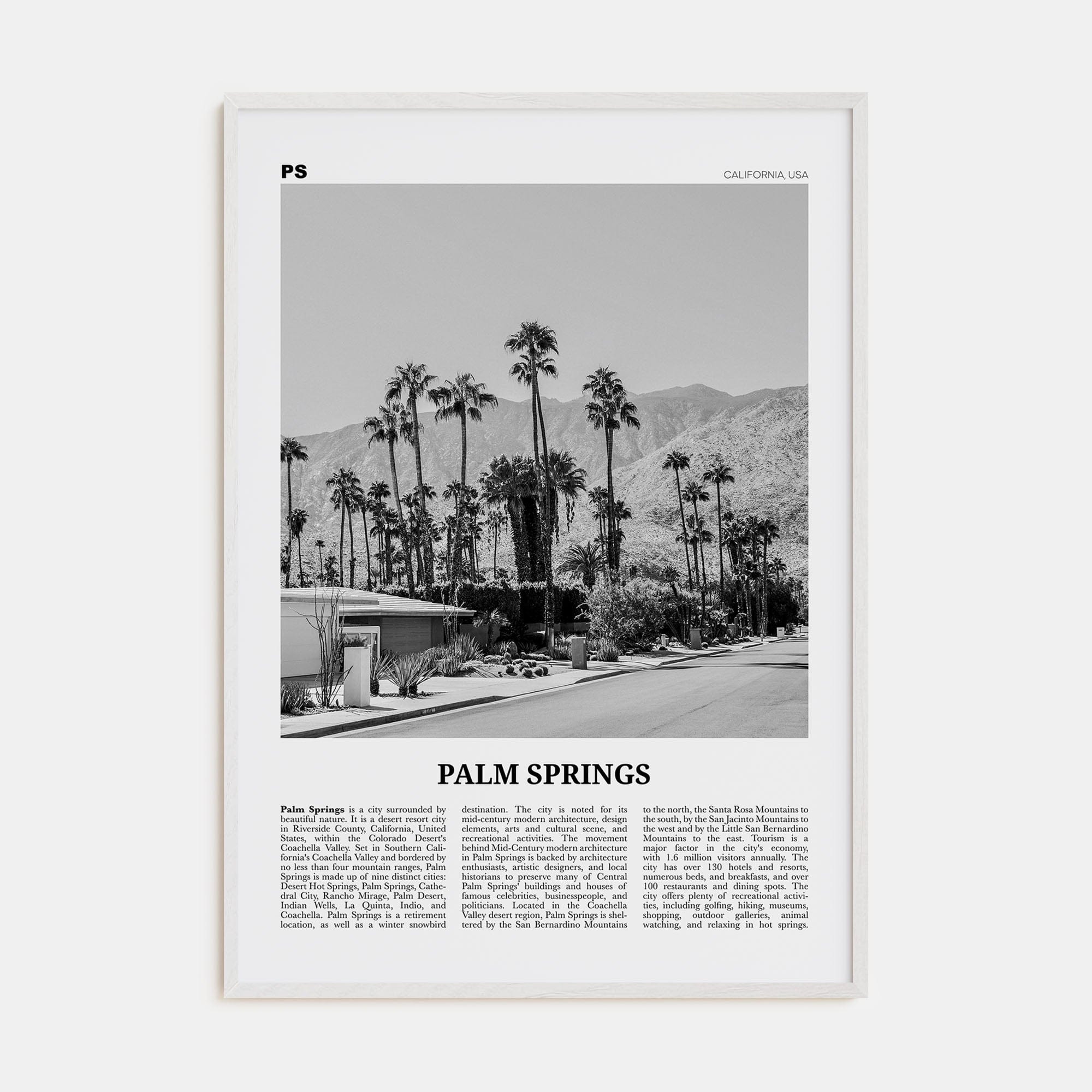 Palm Springs No 1 Poster White Wood / 8x12 in Nbourhood Travel B&W Poster