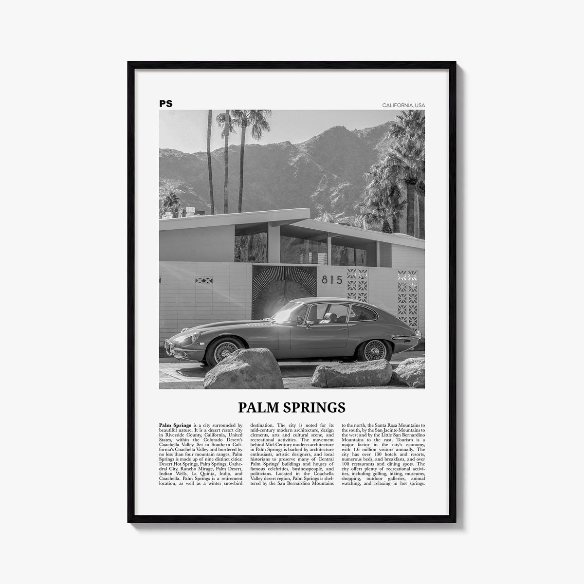 Palm Springs no. 2 black & white newspaper poster of California, USA – vertical wall art, unframed print shown in interior mo