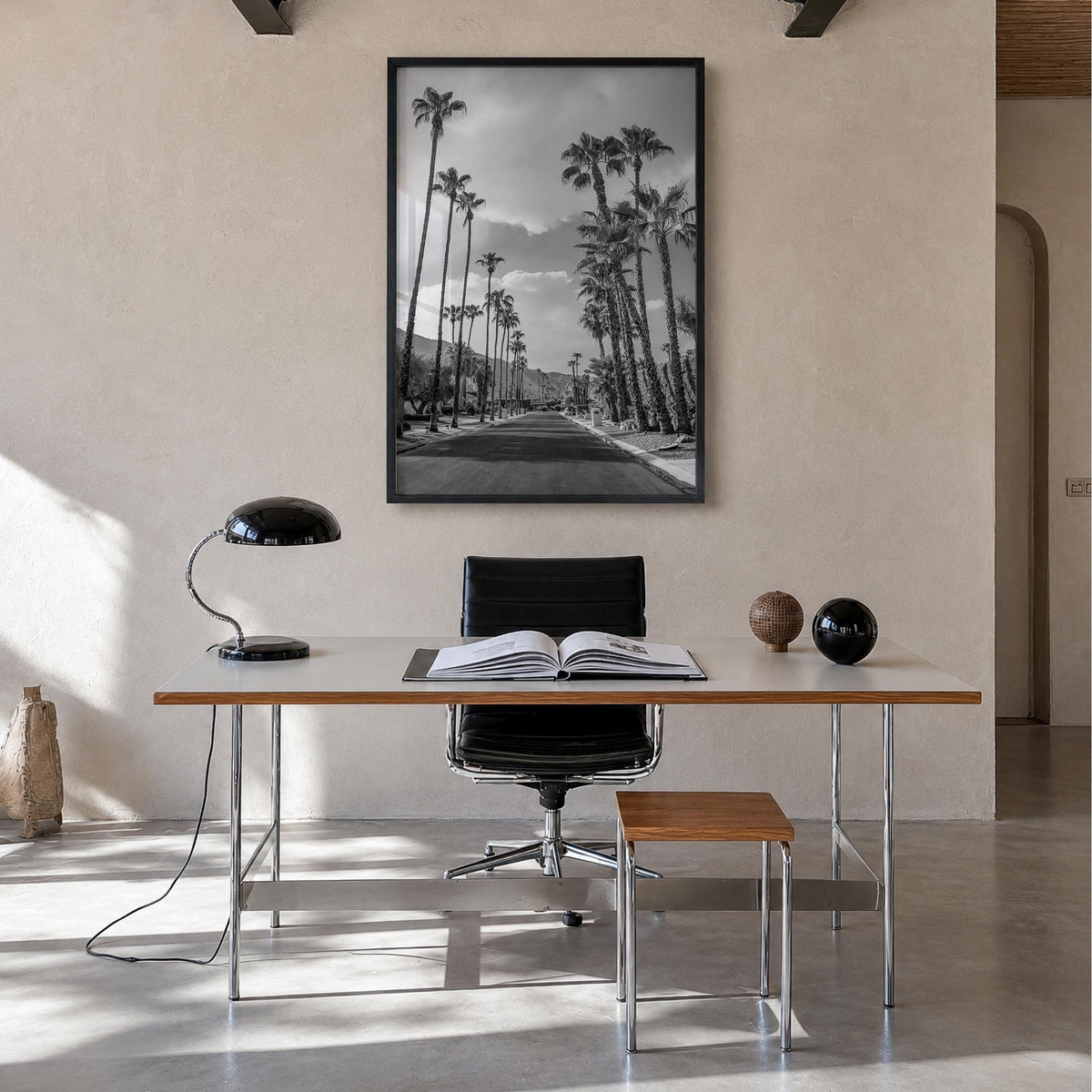 Palm Springs no. 3 black & white photo poster of California, USA – vertical wall art in black wood frame, hanging on wall