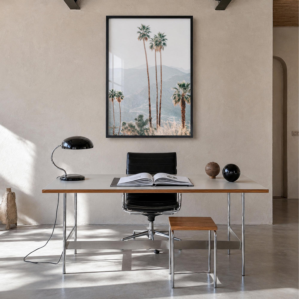 Palm Springs no. 4 colorful photo poster of California, USA – vertical wall art in black wood frame, hanging on wall