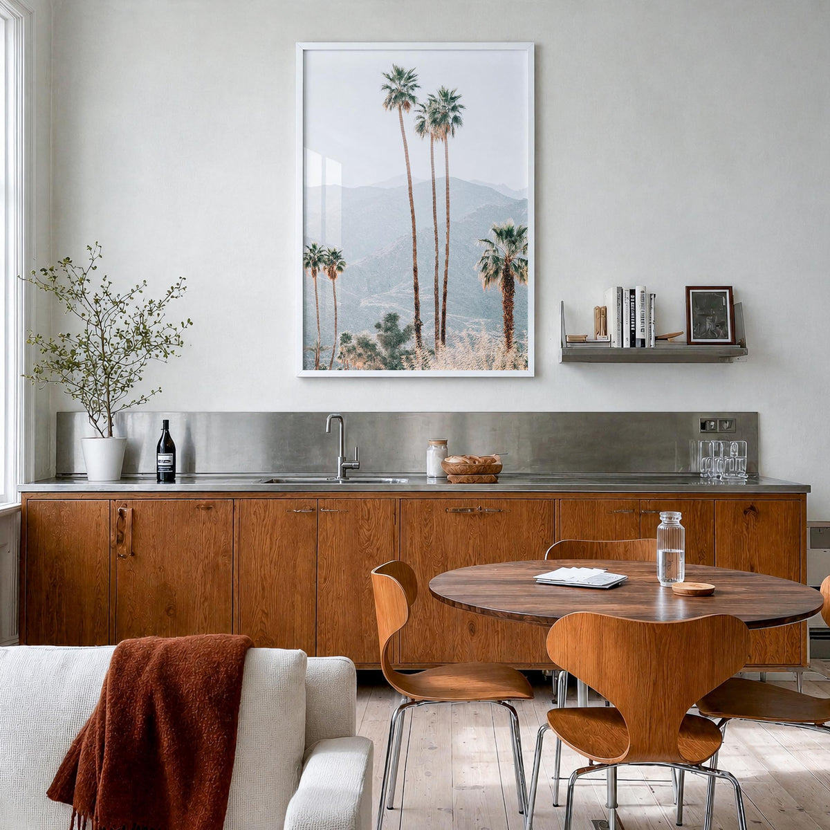 Palm Springs no. 4 colorful photo poster of California, USA – vertical wall art in white wood frame, hanging on wall