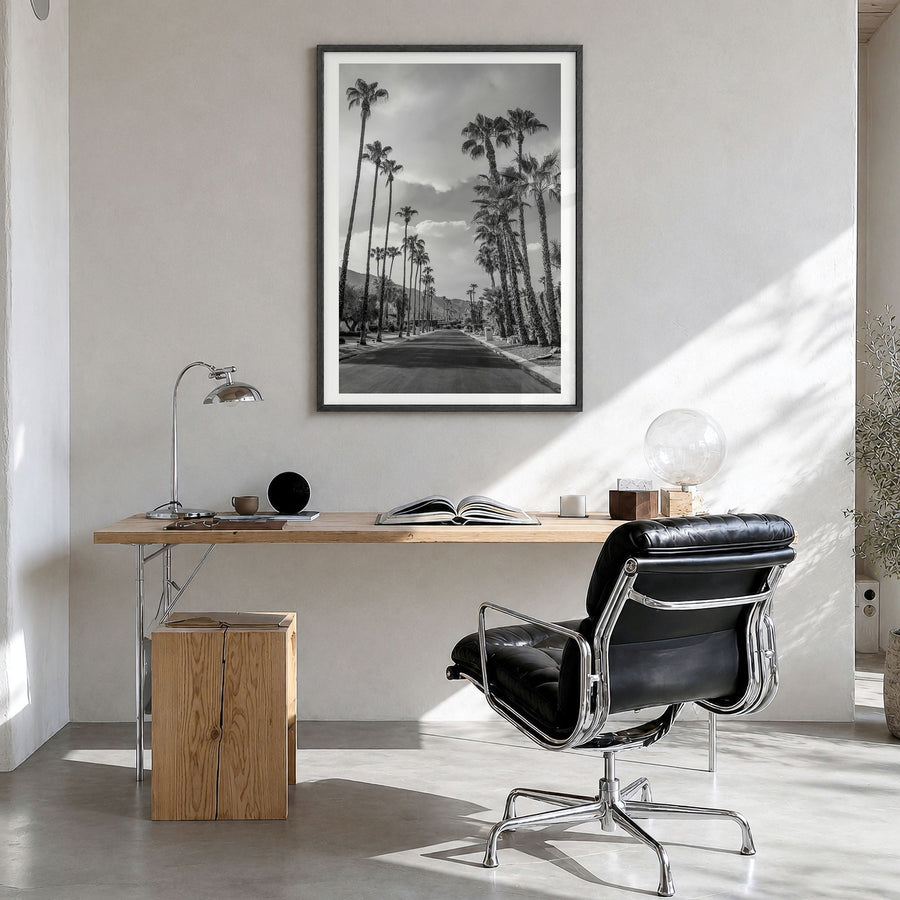Palm Springs Photo No 3 Poster in a black wood frame, hanging in a bright home office, white border