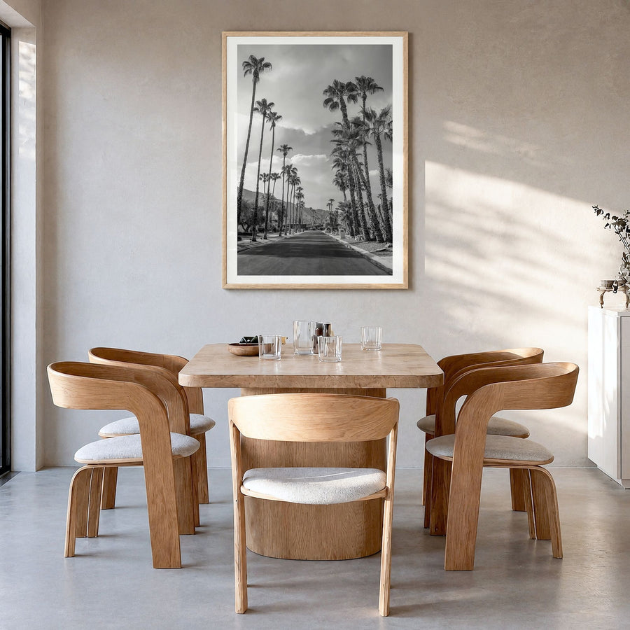 Palm Springs Photo No 3 Poster in a natural wood frame, hanging in a dining room, white border