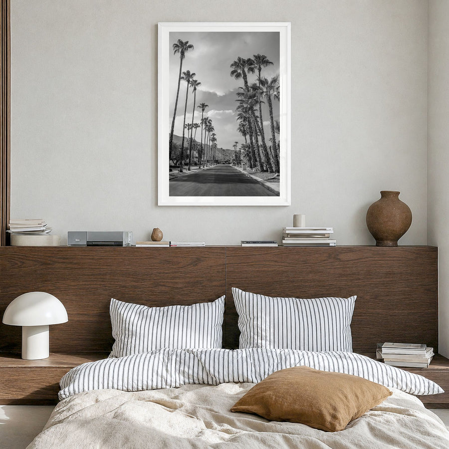 Palm Springs Photo No 3 Poster in a white wood frame, hanging in a bedroom, white border