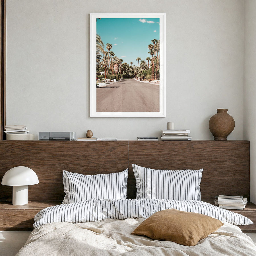 Palm Springs Photo No 1 Poster in a white wood frame, hanging in a bedroom, white border