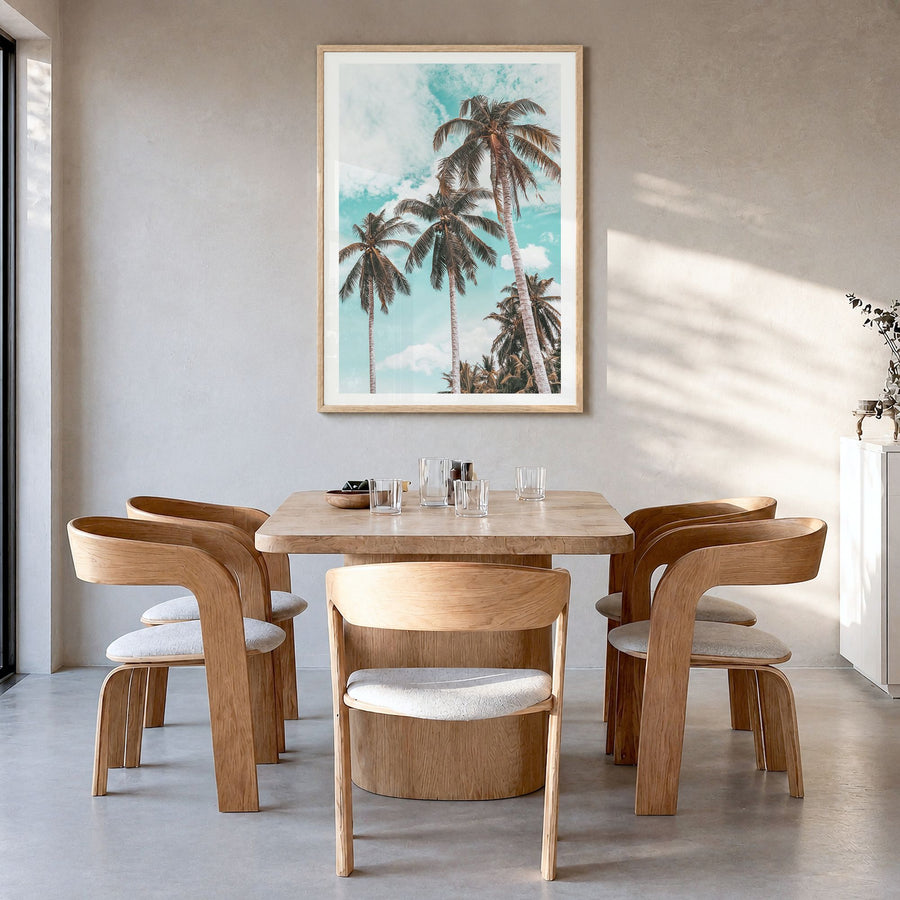 Palm Springs Photo No 2 Poster in a natural wood frame, hanging in a dining room, white border