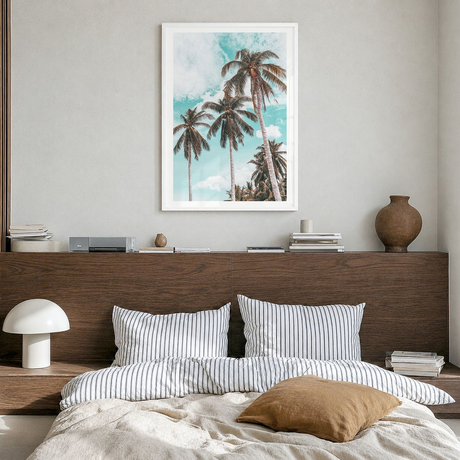 Palm Springs Photo No 2 Poster in a white wood frame, hanging in a bedroom, white border