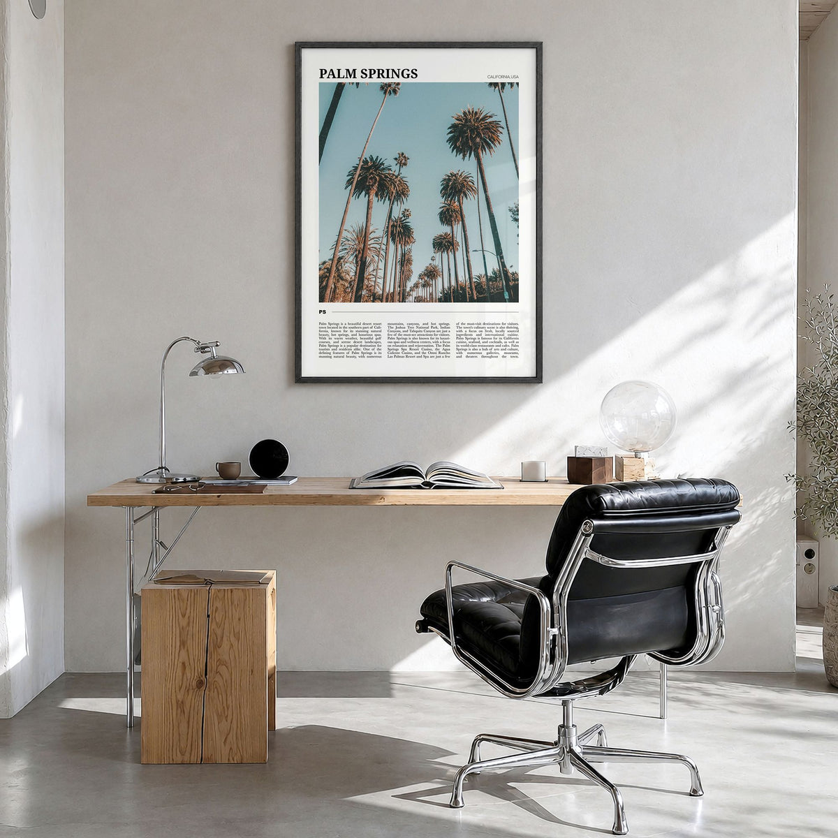 Palm Springs Travel No 1 Poster in a black wood frame, hanging in a bright home office