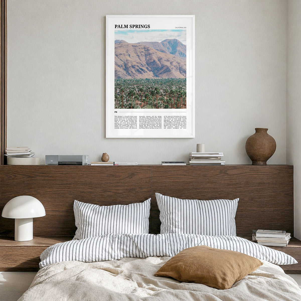 Palm Springs Travel No 2 Poster in a white wood frame, hanging in a bedroom