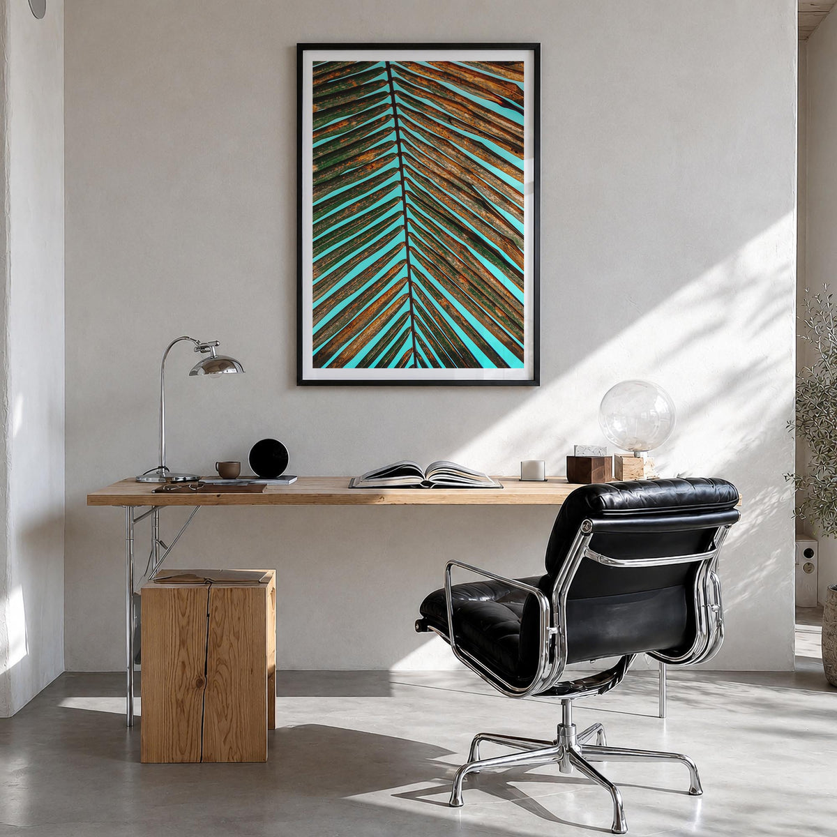 Palm Tree Leaf colorful photo poster – vertical wall art in black wood frame with white border, hanging on wall