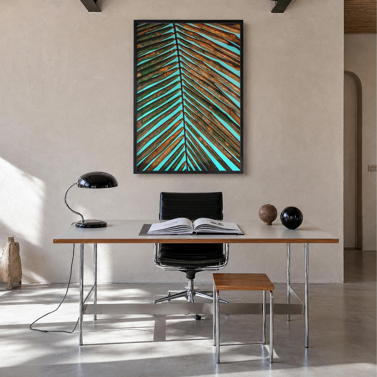 Palm Tree Leaf colorful photo poster – vertical wall art in black wood frame, hanging on wall